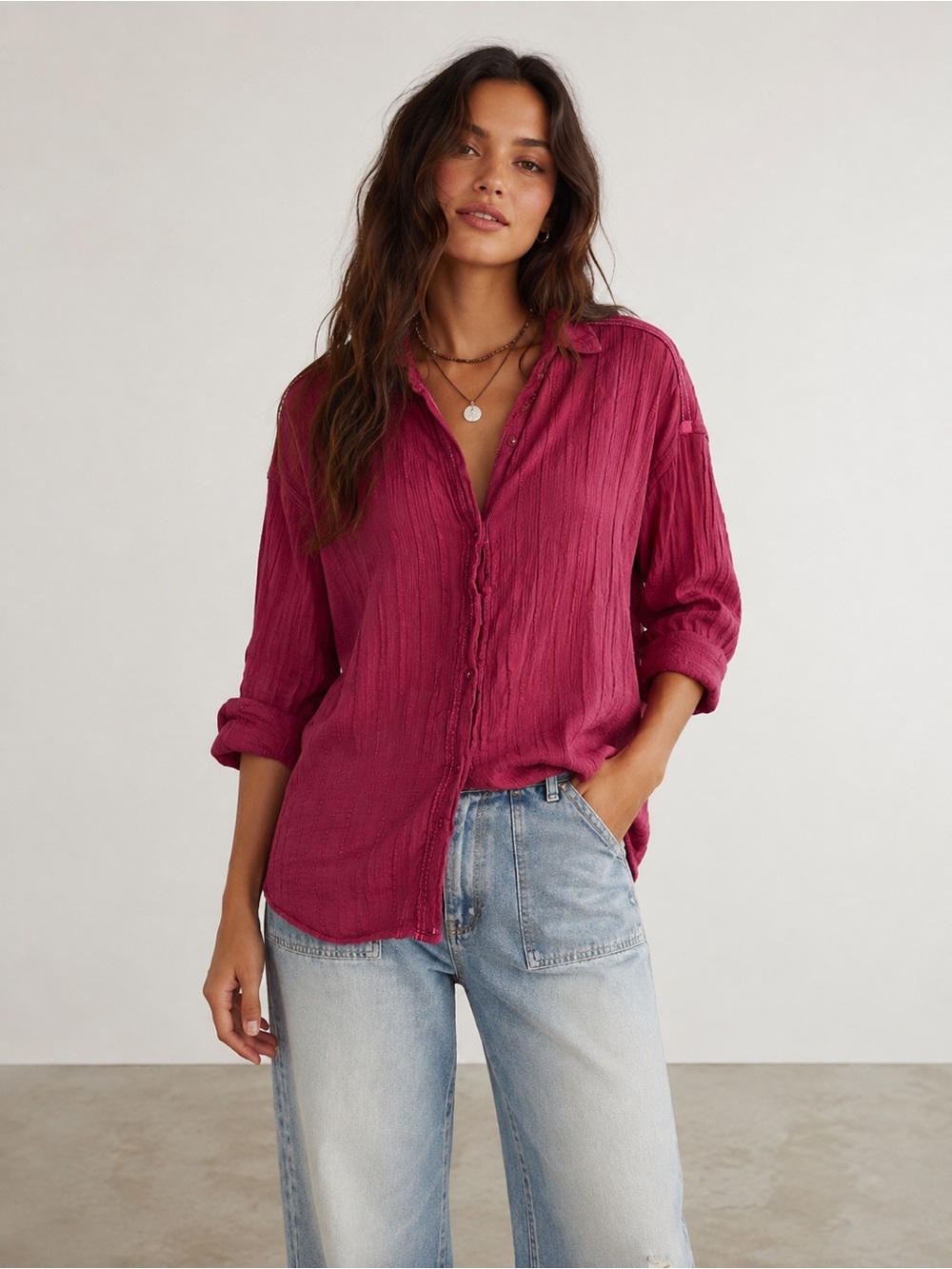 Intimately Free People Red Button Front Collared Shirt 100% Cotton XS